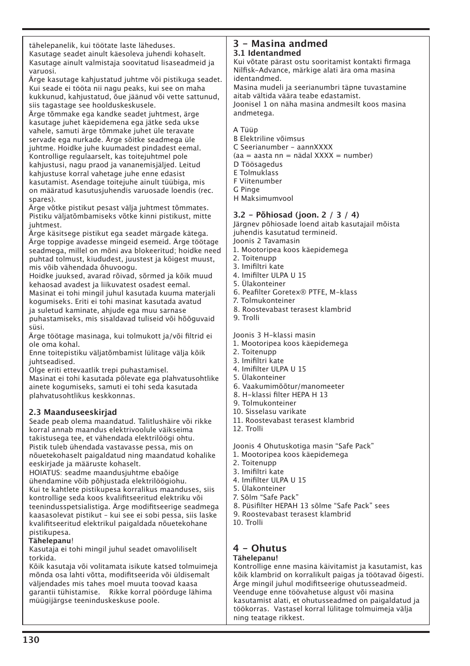 3 - masina andmed, 4 - ohutus | Nilfisk-Advance America IVT-1000CR User Manual | Page 130 / 172