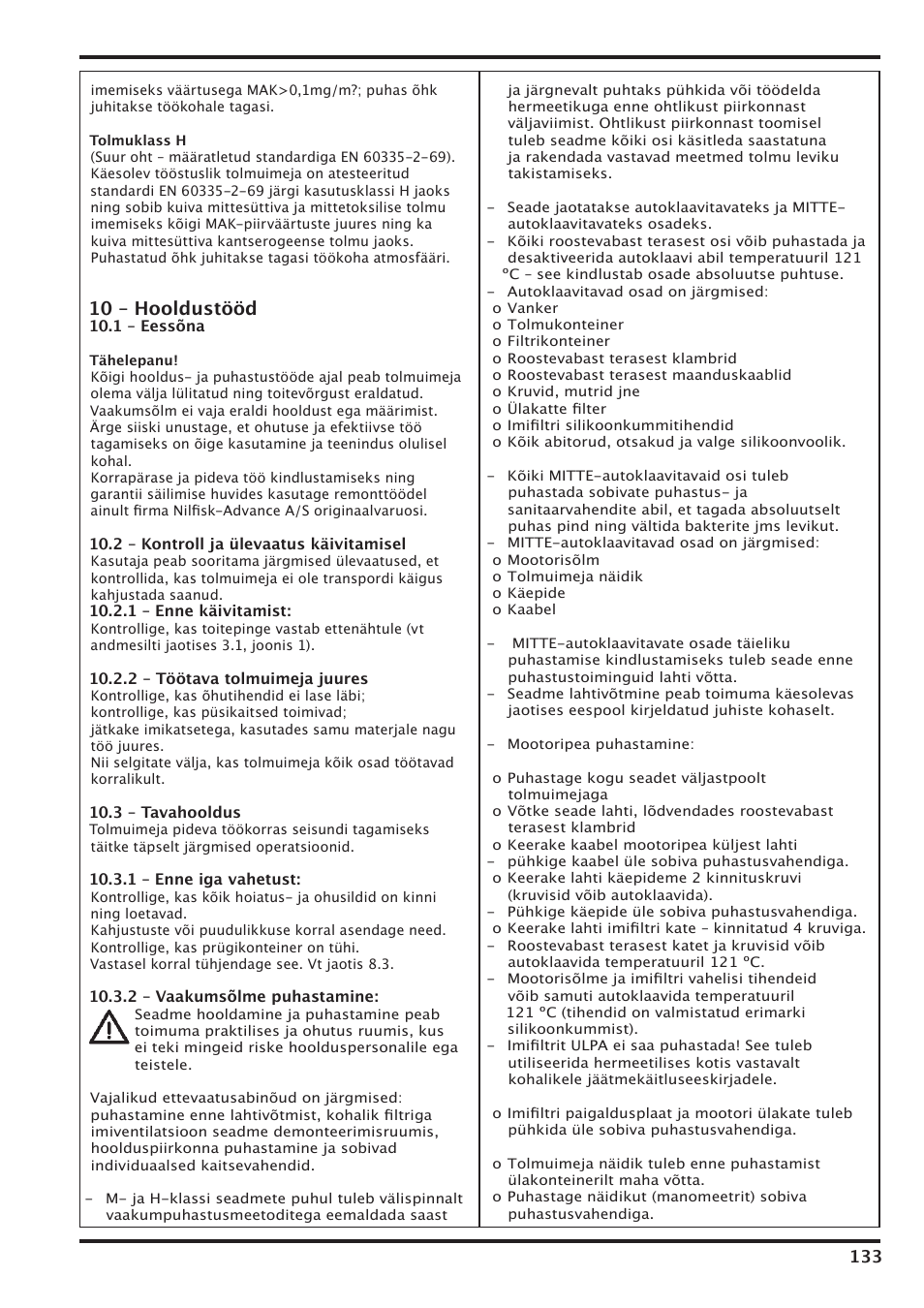 10 – hooldustööd | Nilfisk-Advance America IVT-1000CR User Manual | Page 133 / 172