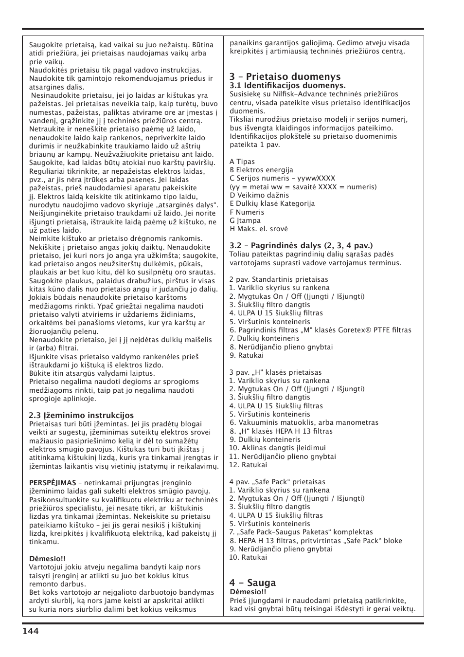 3 – prietaiso duomenys, 4 - sauga | Nilfisk-Advance America IVT-1000CR User Manual | Page 144 / 172