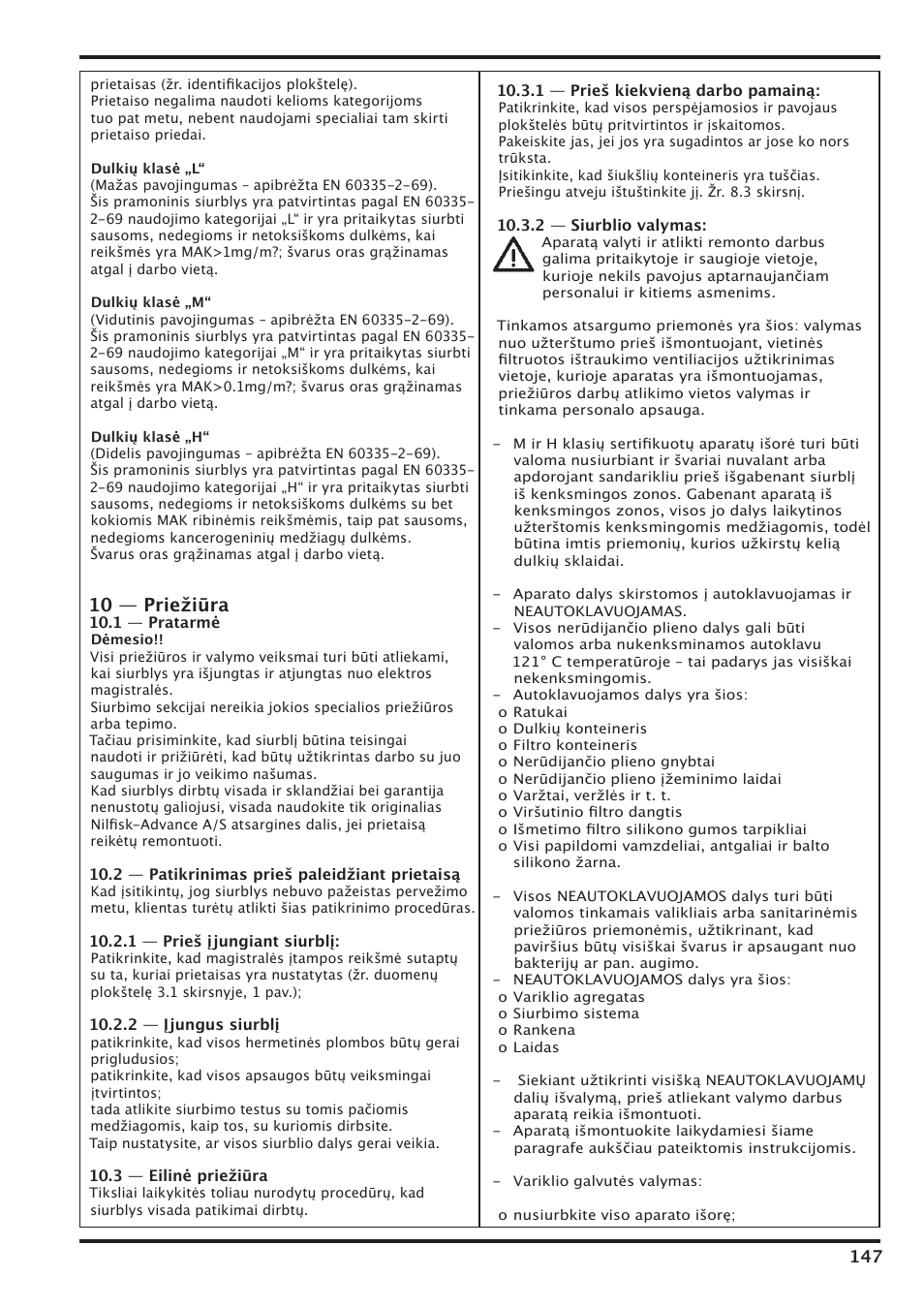 10 — priežiūra | Nilfisk-Advance America IVT-1000CR User Manual | Page 147 / 172