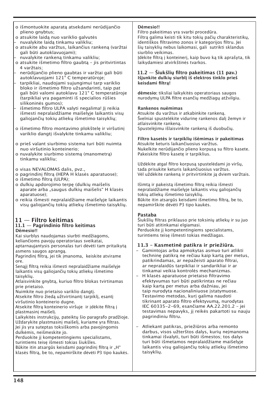 11 — filtro keitimas | Nilfisk-Advance America IVT-1000CR User Manual | Page 148 / 172