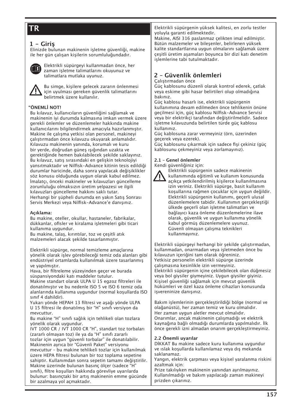 1 - giriş, 2 – güvenlik önlemleri | Nilfisk-Advance America IVT-1000CR User Manual | Page 157 / 172