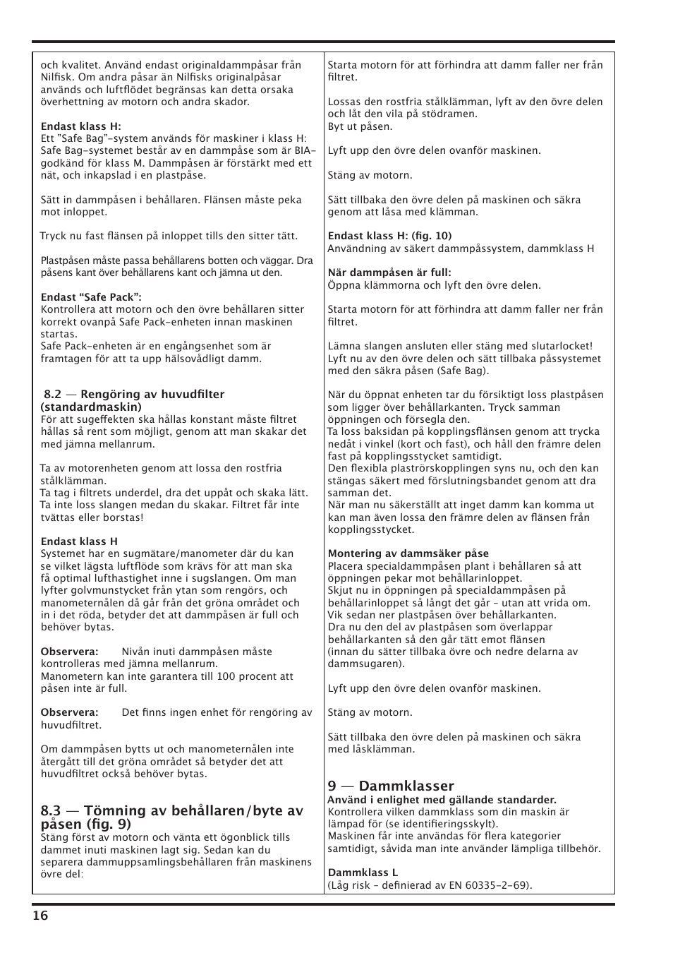 3 — tömning av behållaren/byte av påsen (ﬁg. 9), 9 — dammklasser | Nilfisk-Advance America IVT-1000CR User Manual | Page 16 / 172