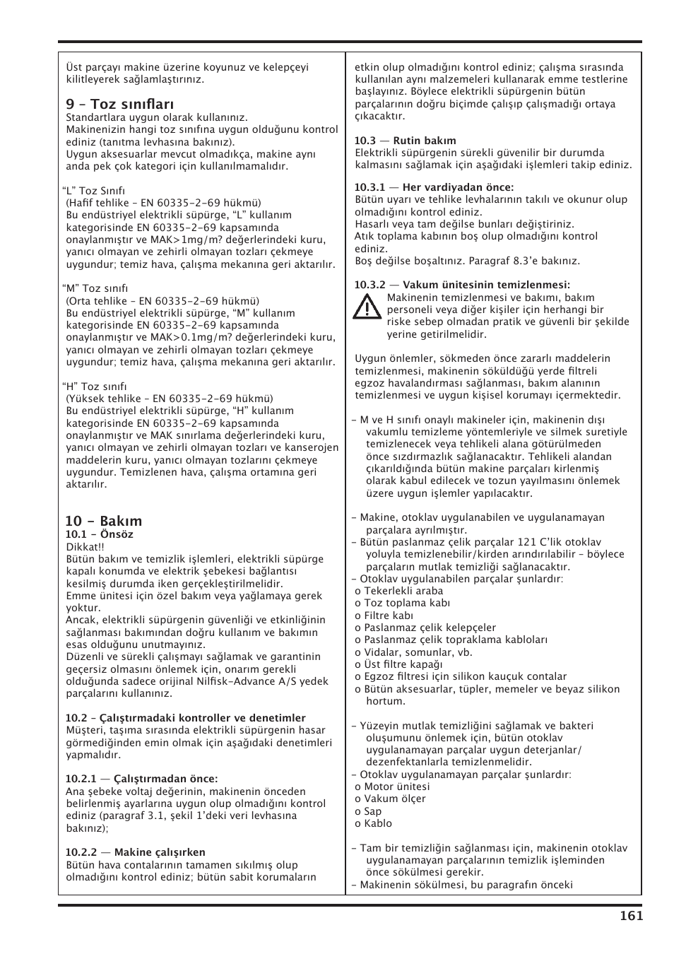 9 – toz sınıﬂarı, 10 - bakım | Nilfisk-Advance America IVT-1000CR User Manual | Page 161 / 172