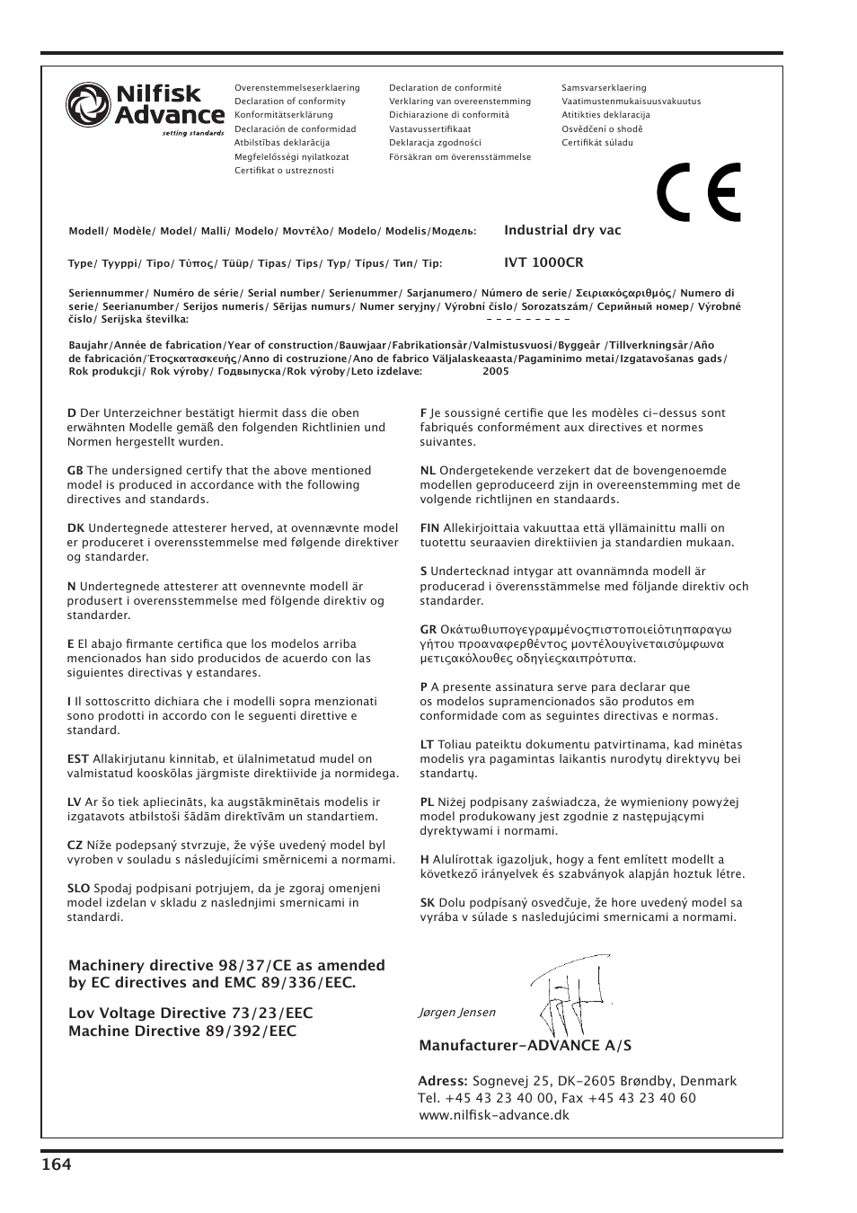 Manufacturer-advance a/s | Nilfisk-Advance America IVT-1000CR User Manual | Page 164 / 172
