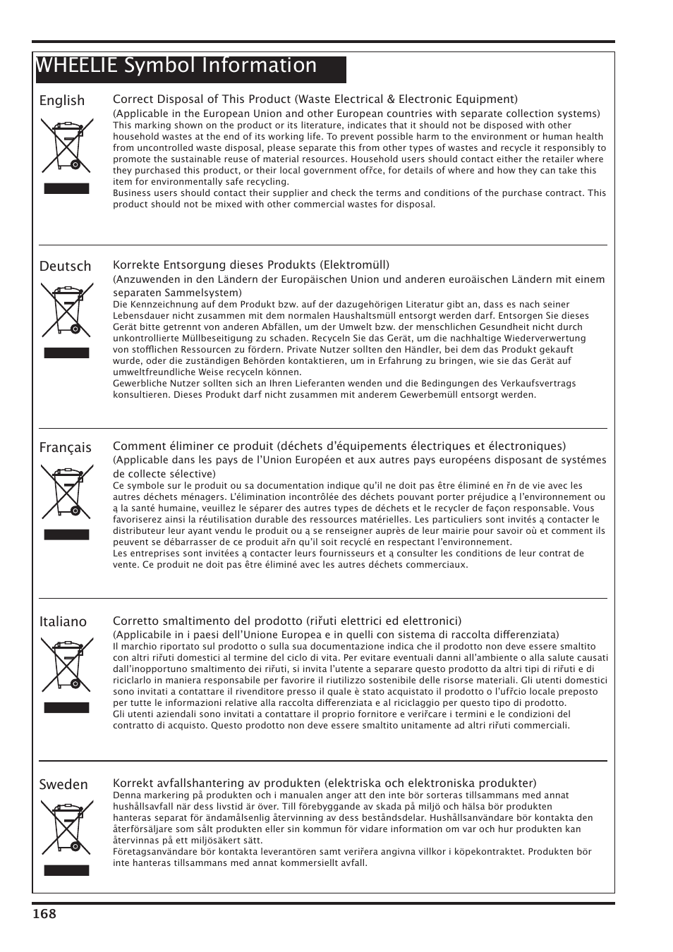 Wheelie symbol information, English, Deutsch | Français, Italiano, Sweden | Nilfisk-Advance America IVT-1000CR User Manual | Page 168 / 172