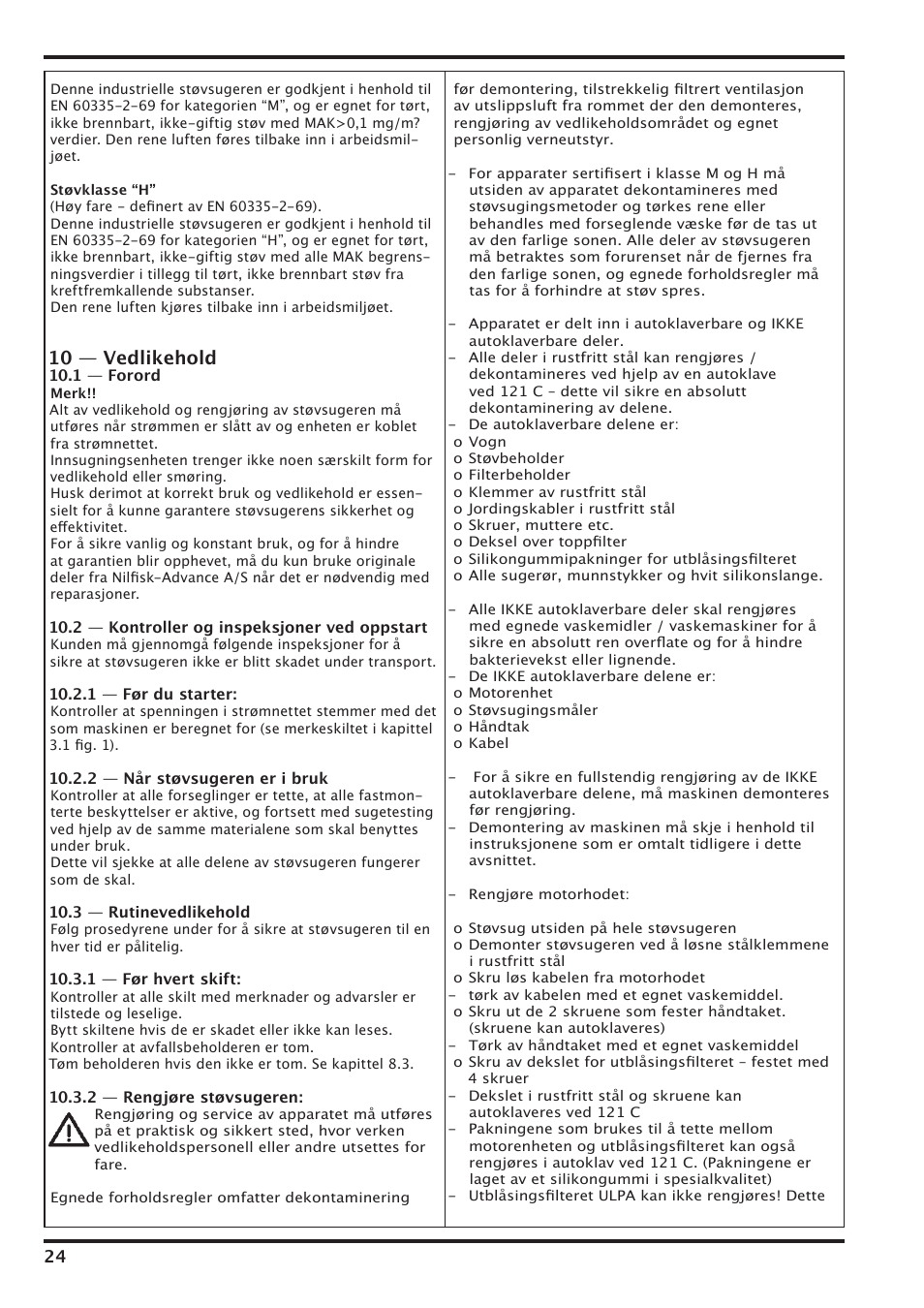 10 — vedlikehold | Nilfisk-Advance America IVT-1000CR User Manual | Page 24 / 172