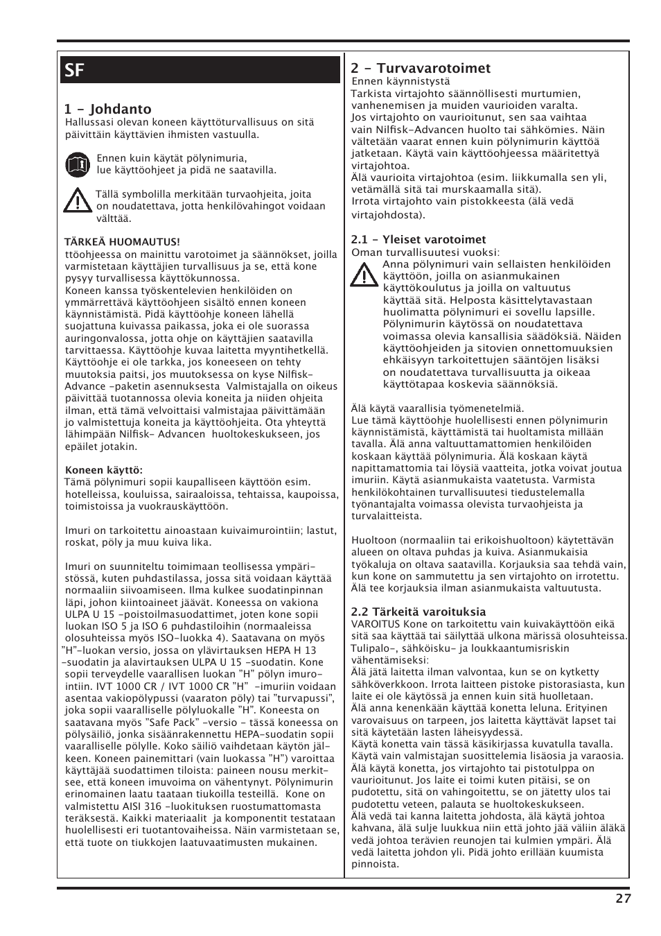 1 - johdanto, 2 - turvavarotoimet | Nilfisk-Advance America IVT-1000CR User Manual | Page 27 / 172