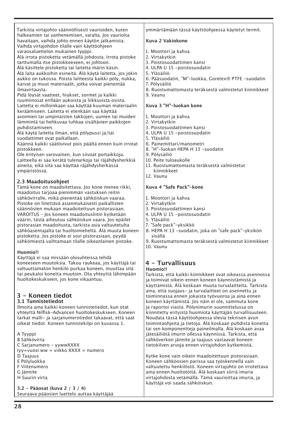 3 - koneen tiedot, 4 - turvallisuus | Nilfisk-Advance America IVT-1000CR User Manual | Page 28 / 172