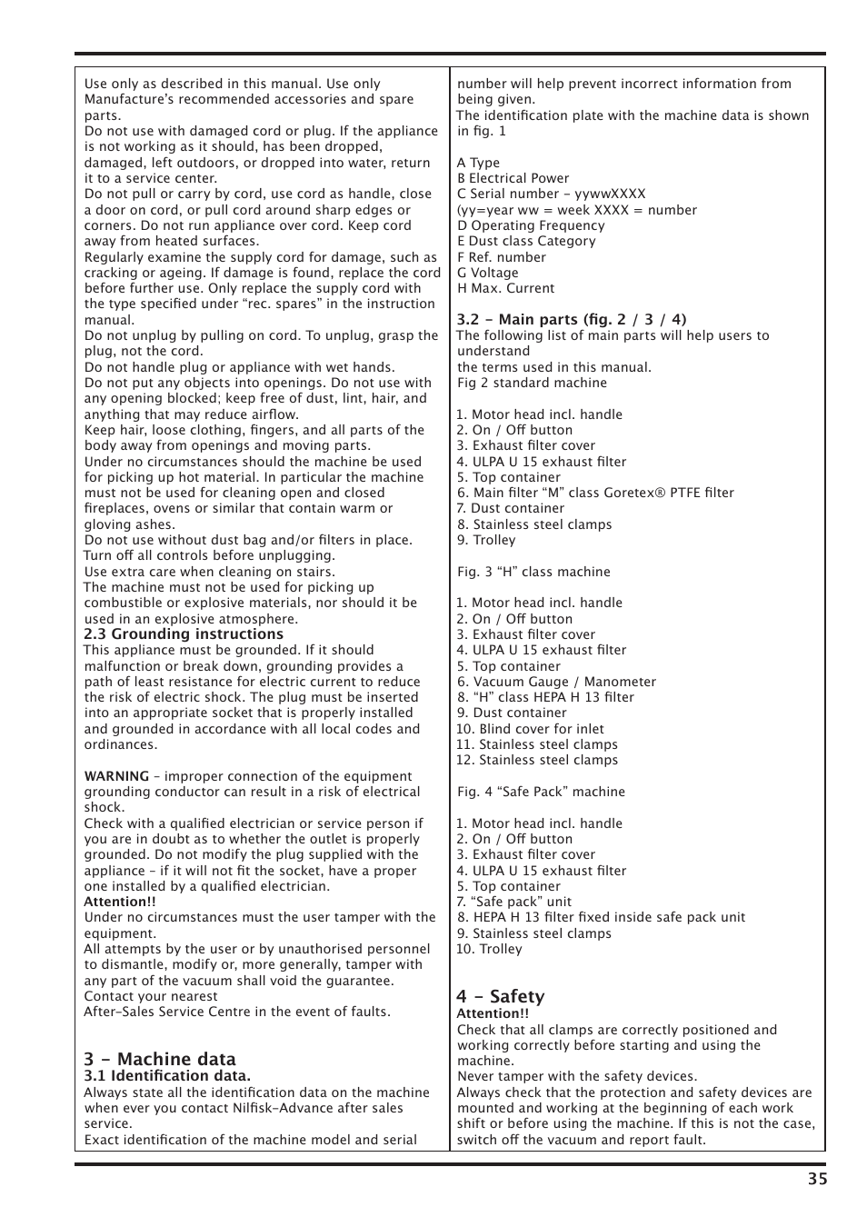 3 - machine data, 4 - safety | Nilfisk-Advance America IVT-1000CR User Manual | Page 35 / 172