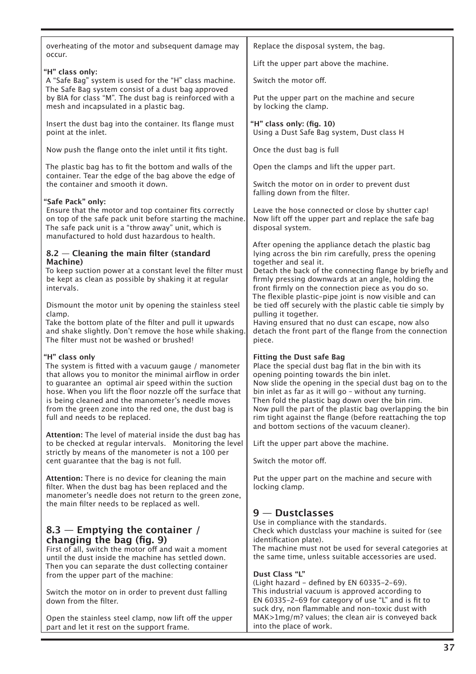 9 — dustclasses | Nilfisk-Advance America IVT-1000CR User Manual | Page 37 / 172