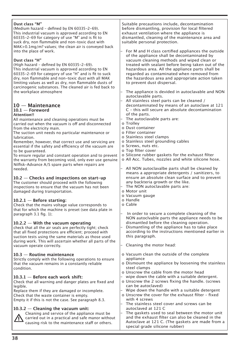 10 — maintenance | Nilfisk-Advance America IVT-1000CR User Manual | Page 38 / 172
