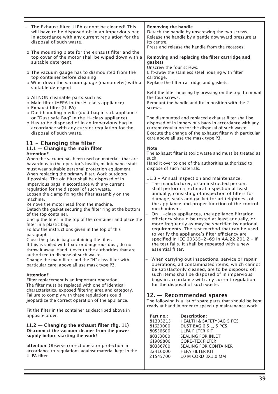 11 - changing the ﬁlter, — recommended spares | Nilfisk-Advance America IVT-1000CR User Manual | Page 39 / 172