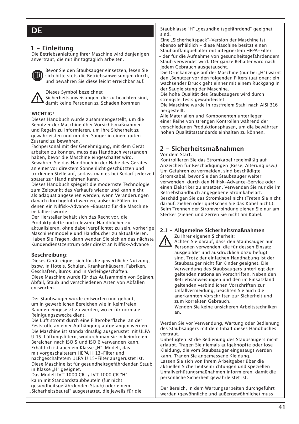 1 - einleitung, 2 - sicherheitsmaßnahmen | Nilfisk-Advance America IVT-1000CR User Manual | Page 41 / 172