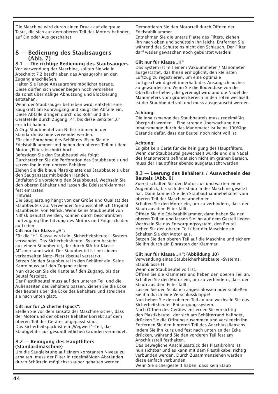8 — bedienung des staubsaugers (abb. 7) | Nilfisk-Advance America IVT-1000CR User Manual | Page 44 / 172