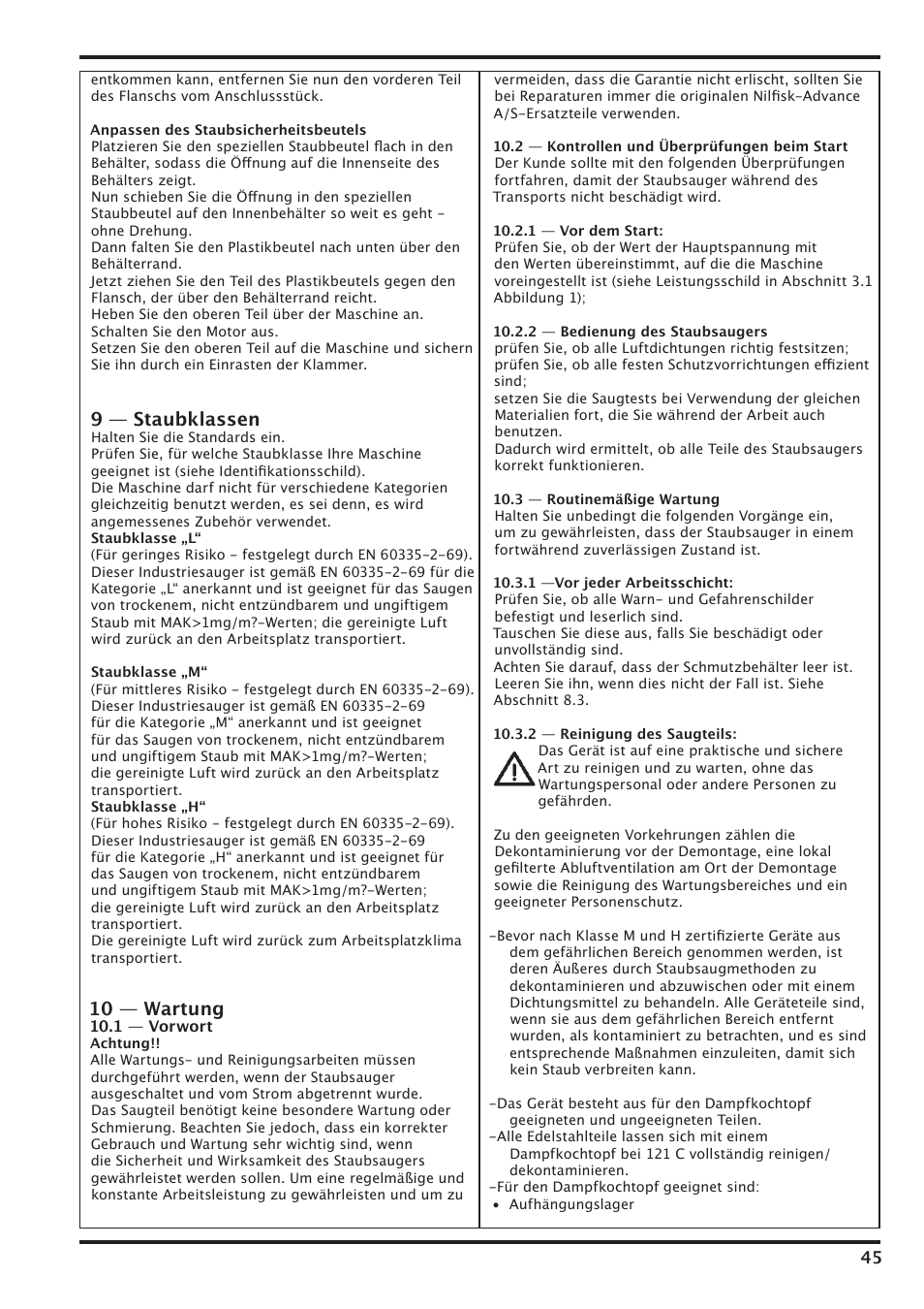9 — staubklassen, 10 — wartung | Nilfisk-Advance America IVT-1000CR User Manual | Page 45 / 172