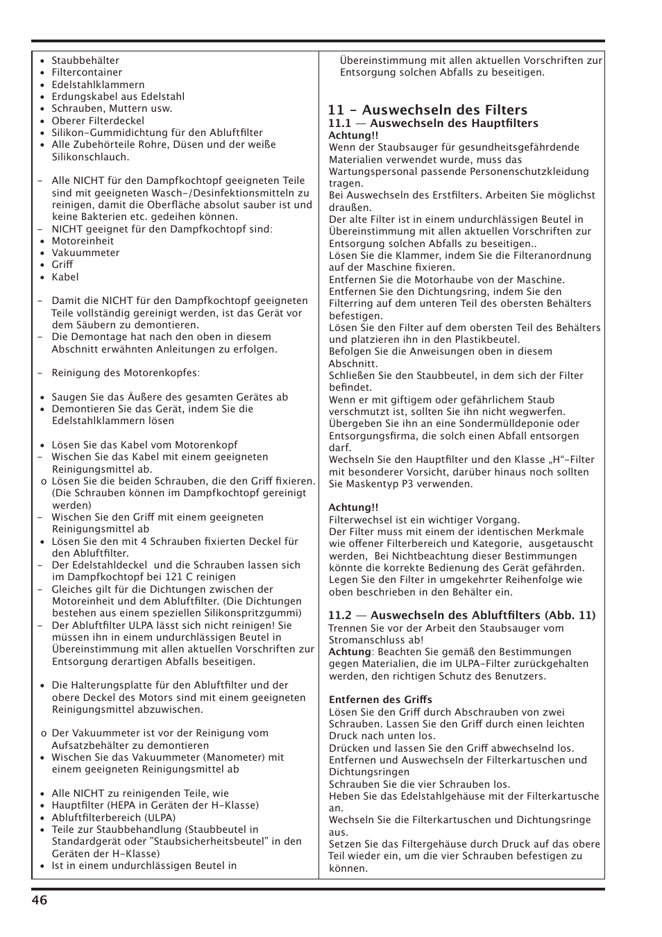 11 - auswechseln des filters | Nilfisk-Advance America IVT-1000CR User Manual | Page 46 / 172