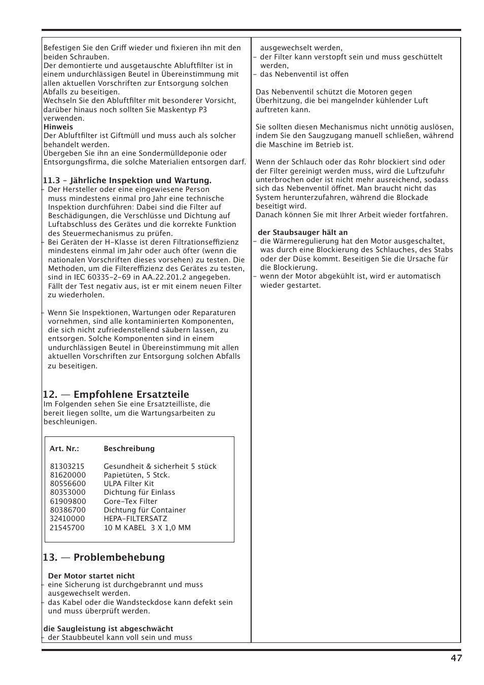 — empfohlene ersatzteile, — problembehebung | Nilfisk-Advance America IVT-1000CR User Manual | Page 47 / 172