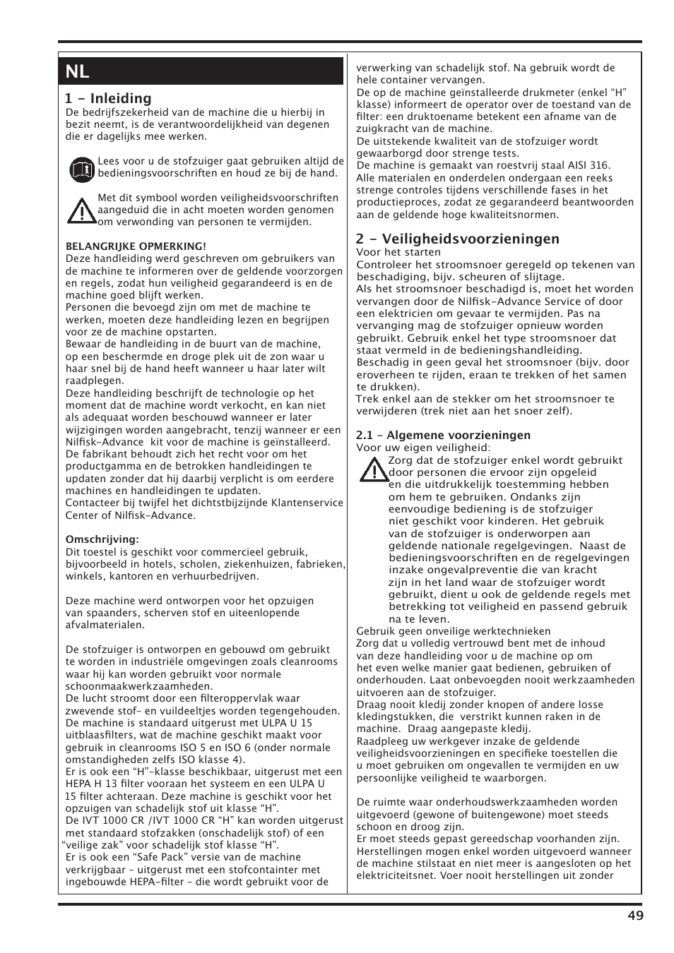 1 - inleiding, 2 - veiligheidsvoorzieningen | Nilfisk-Advance America IVT-1000CR User Manual | Page 49 / 172