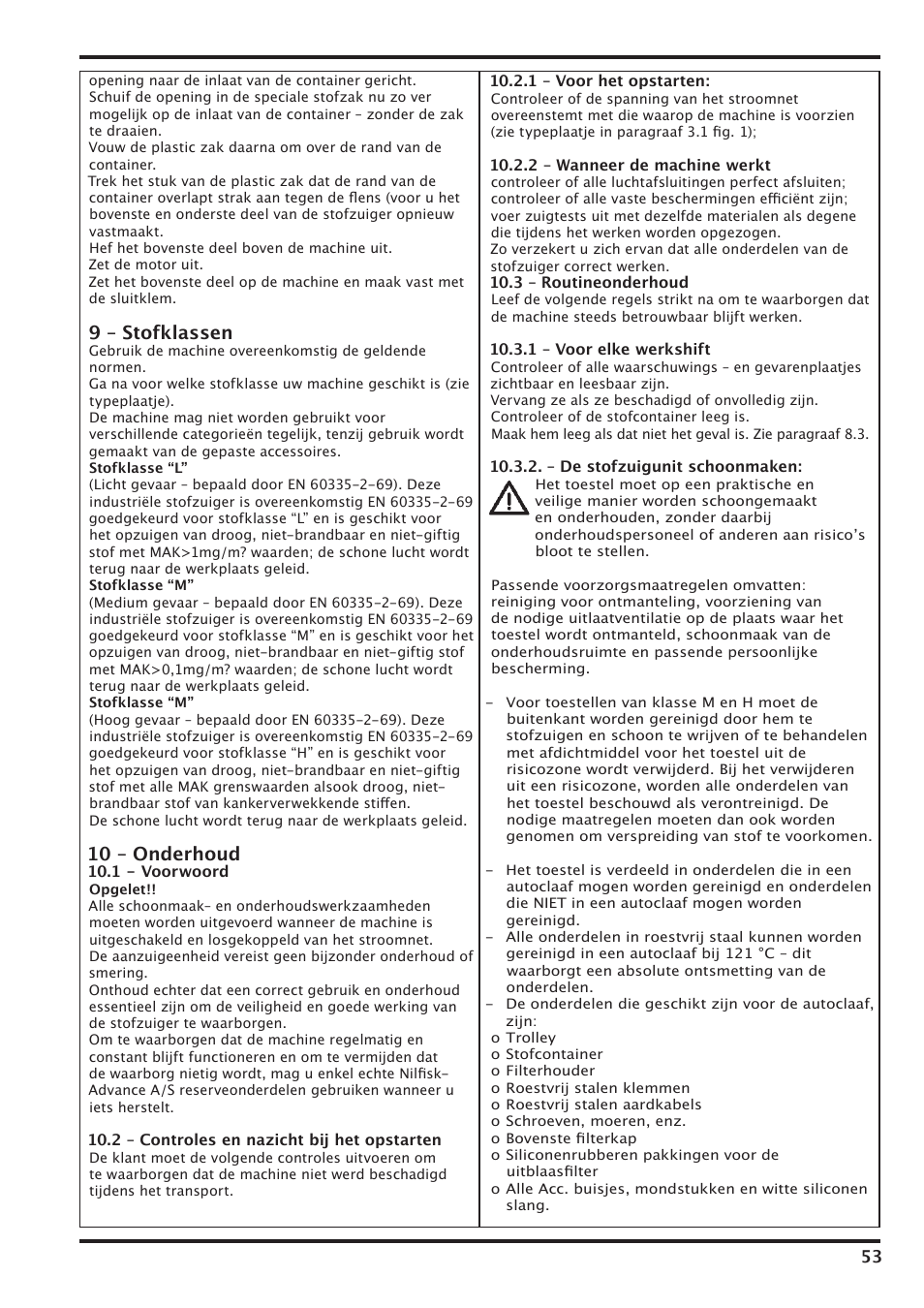 9 – stofklassen, 10 – onderhoud | Nilfisk-Advance America IVT-1000CR User Manual | Page 53 / 172