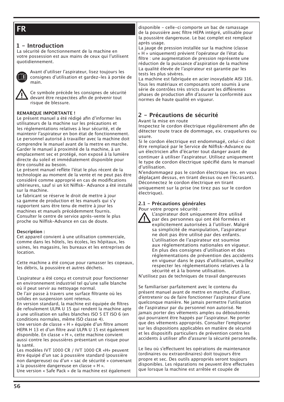 1 - introduction, 2 - précautions de sécurité | Nilfisk-Advance America IVT-1000CR User Manual | Page 56 / 172