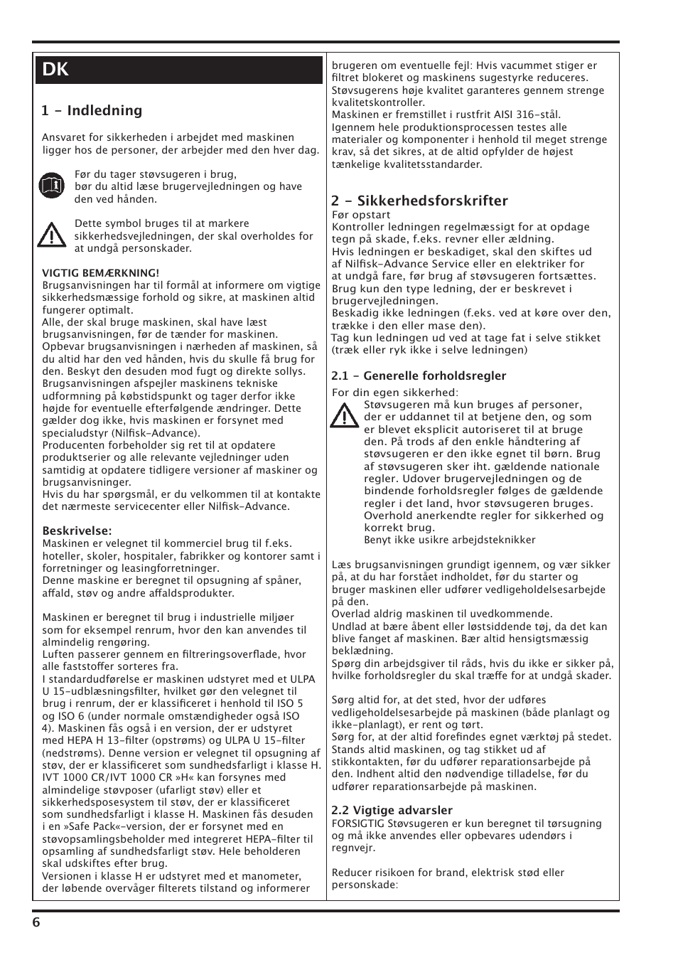 1 - indledning, 2 - sikkerhedsforskrifter | Nilfisk-Advance America IVT-1000CR User Manual | Page 6 / 172