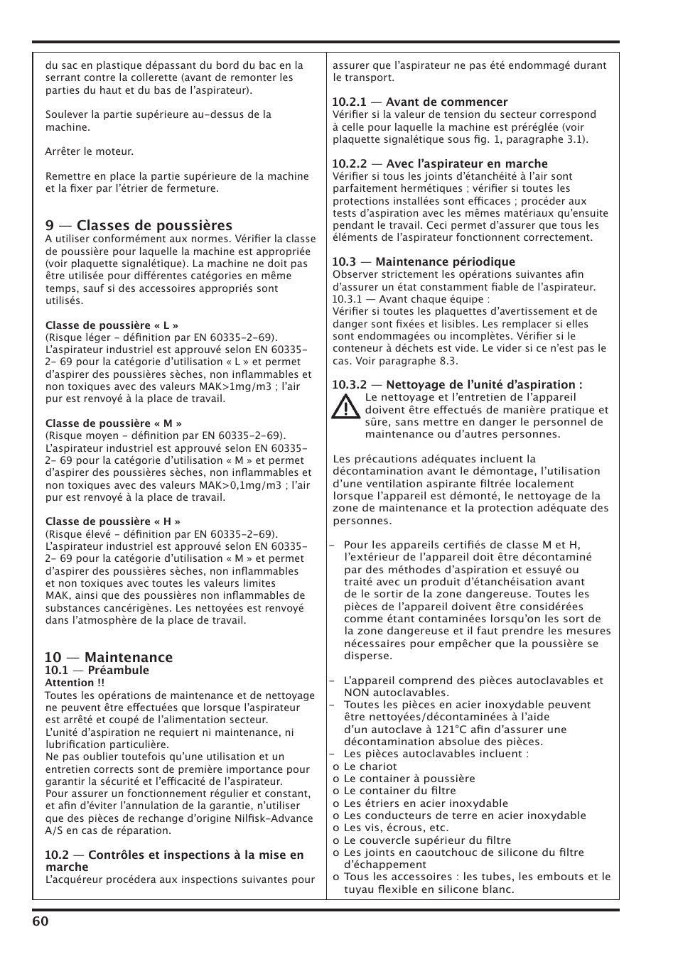 9 — classes de poussières, 10 — maintenance | Nilfisk-Advance America IVT-1000CR User Manual | Page 60 / 172