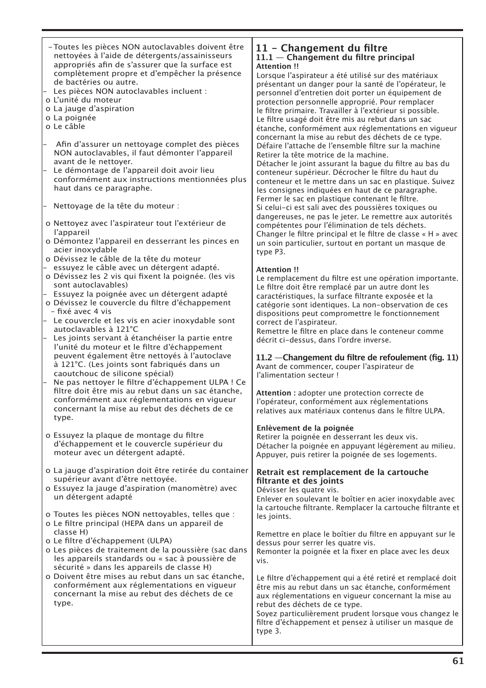 11 - changement du ﬁltre | Nilfisk-Advance America IVT-1000CR User Manual | Page 61 / 172