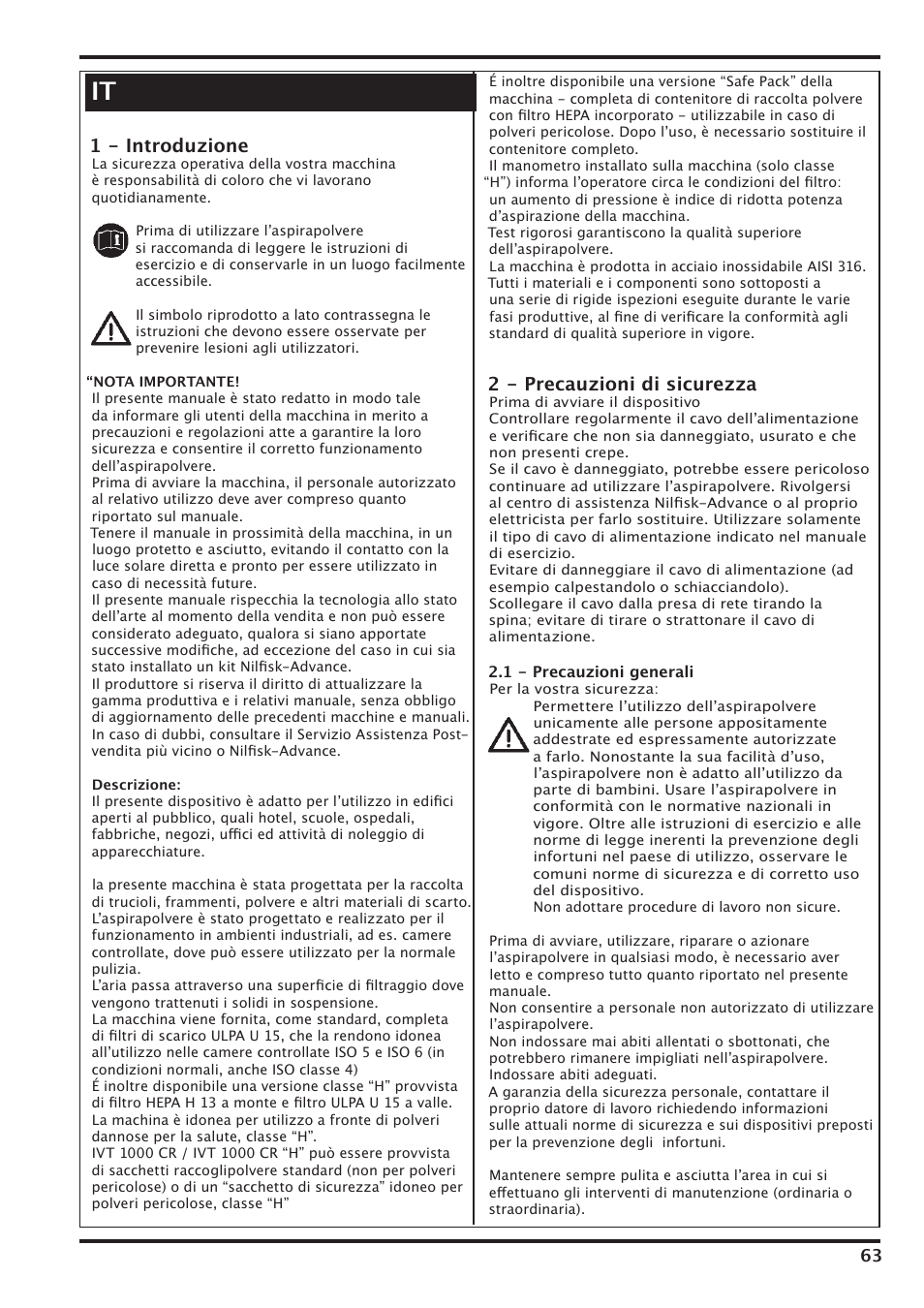 1 - introduzione, 2 - precauzioni di sicurezza | Nilfisk-Advance America IVT-1000CR User Manual | Page 63 / 172