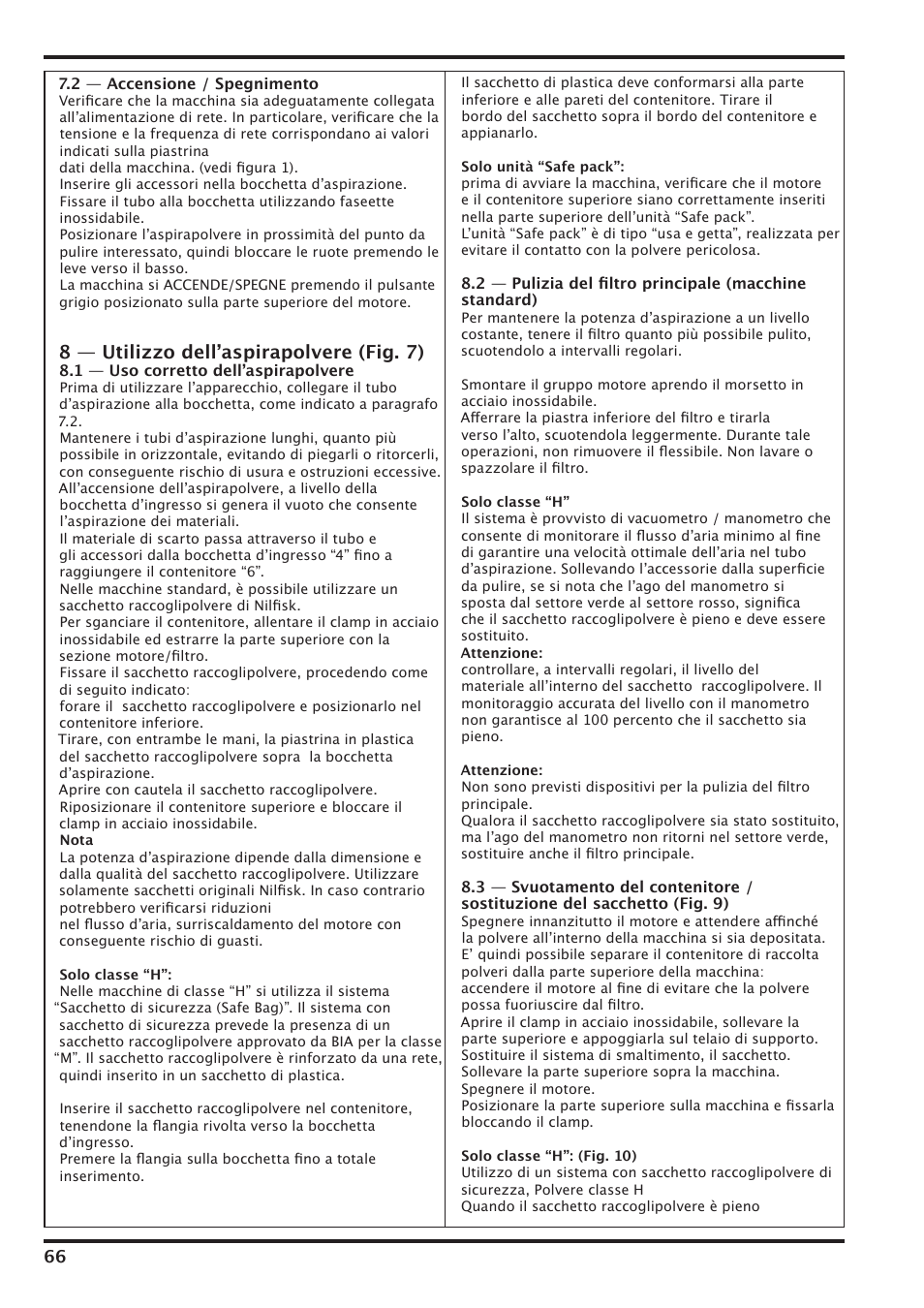 8 — utilizzo dellʼaspirapolvere (fig. 7) | Nilfisk-Advance America IVT-1000CR User Manual | Page 66 / 172