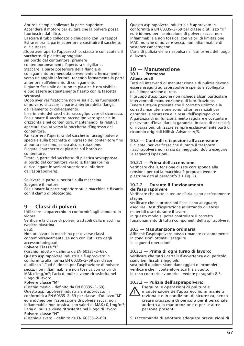 9 — classi di polveri, 10 — manutenzione | Nilfisk-Advance America IVT-1000CR User Manual | Page 67 / 172
