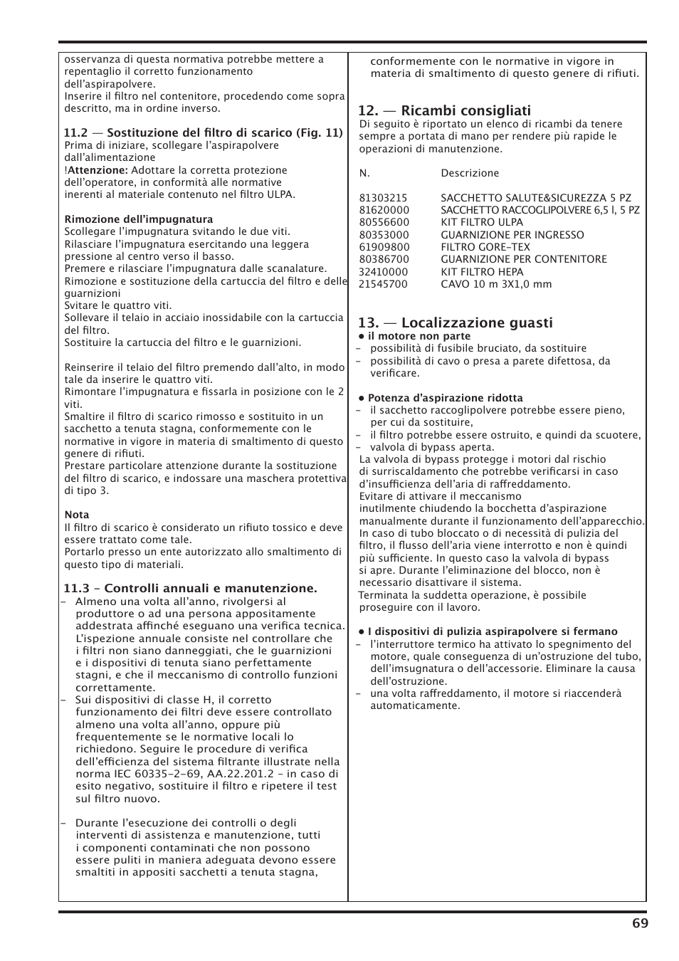 — ricambi consigliati, — localizzazione guasti | Nilfisk-Advance America IVT-1000CR User Manual | Page 69 / 172