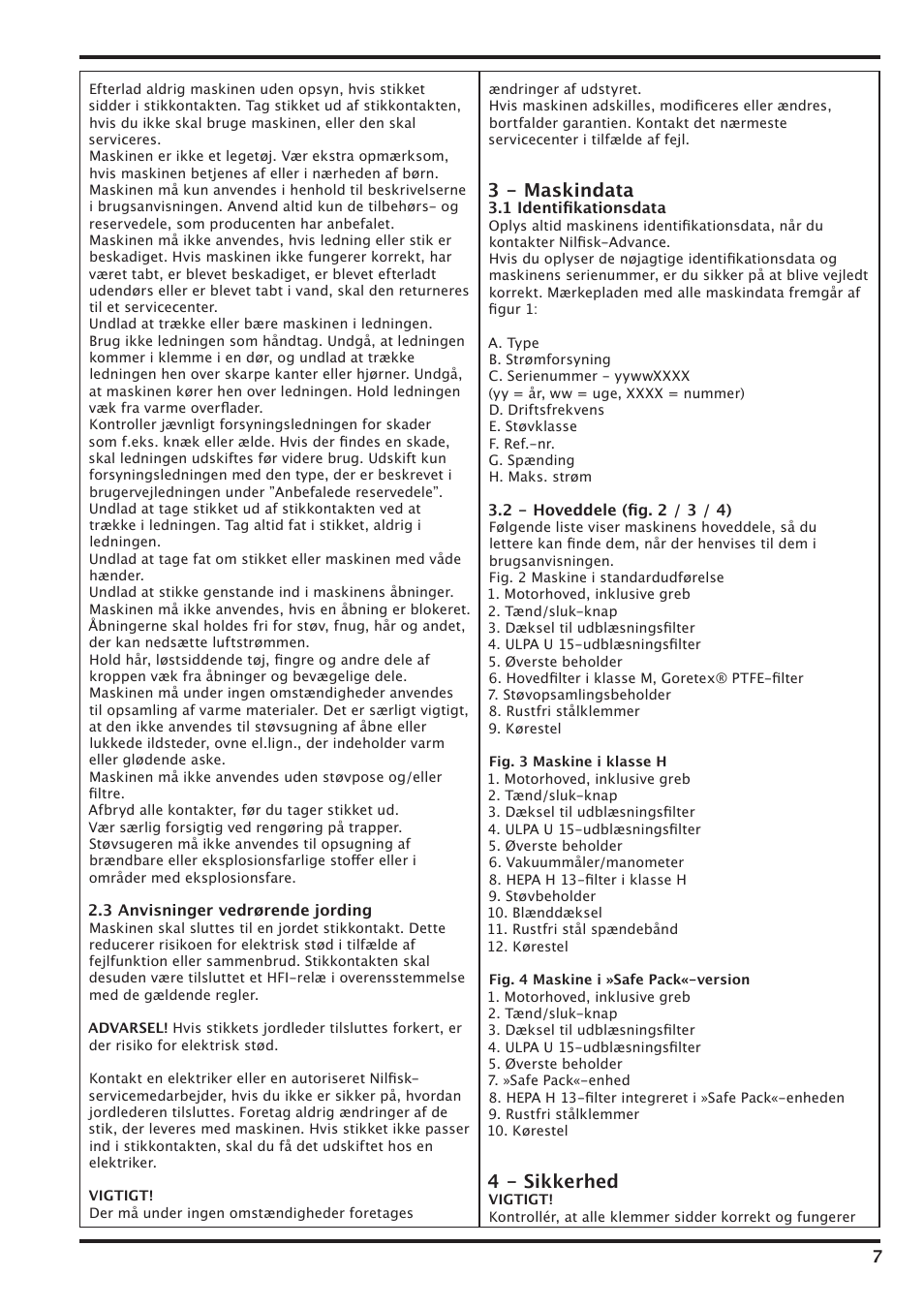 3 - maskindata, 4 - sikkerhed | Nilfisk-Advance America IVT-1000CR User Manual | Page 7 / 172