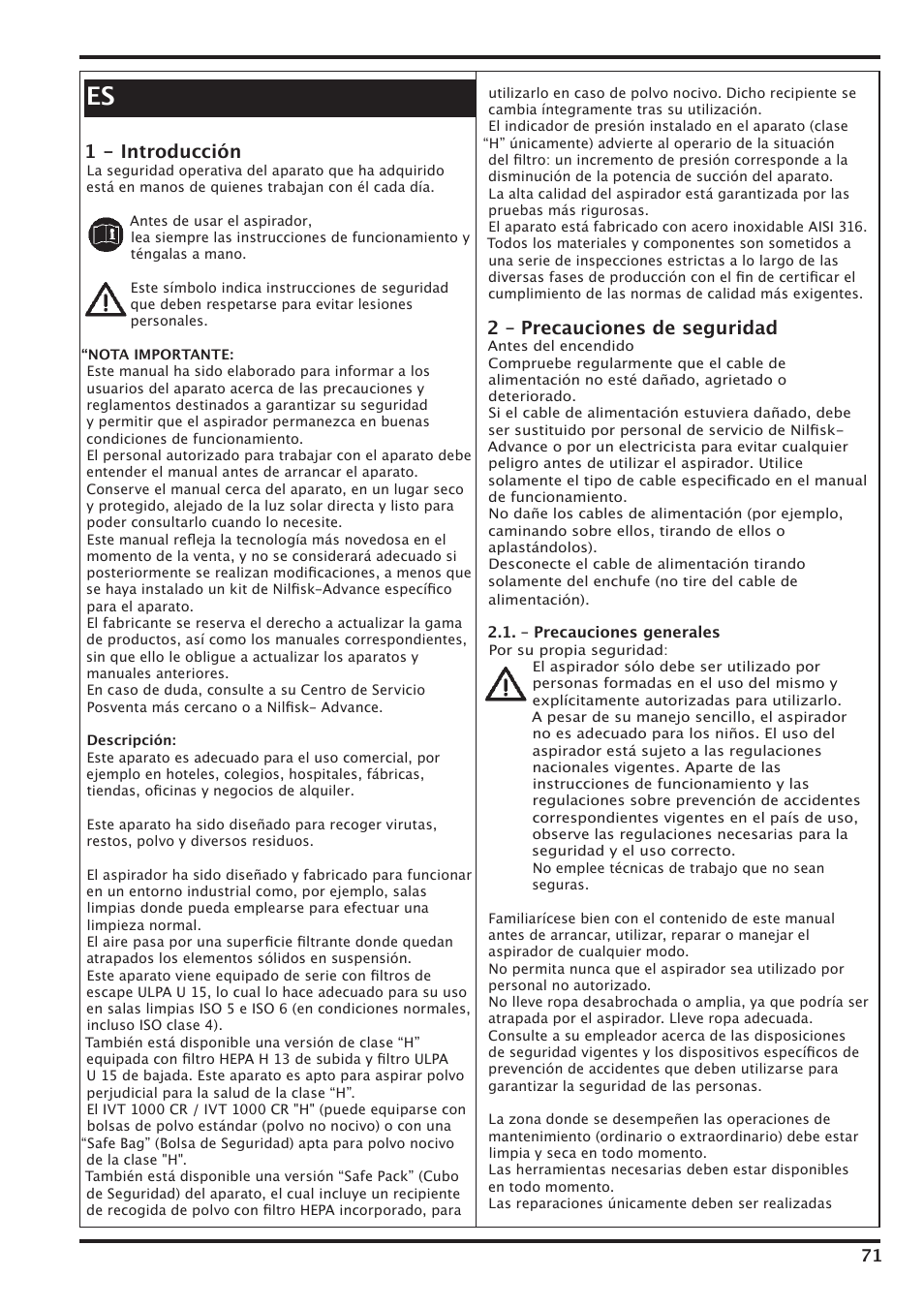 2 – precauciones de seguridad, 1 - introducción | Nilfisk-Advance America IVT-1000CR User Manual | Page 71 / 172