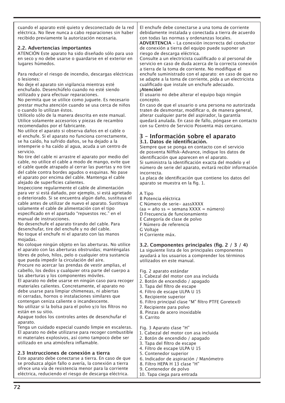 3 – información sobre el aparato | Nilfisk-Advance America IVT-1000CR User Manual | Page 72 / 172