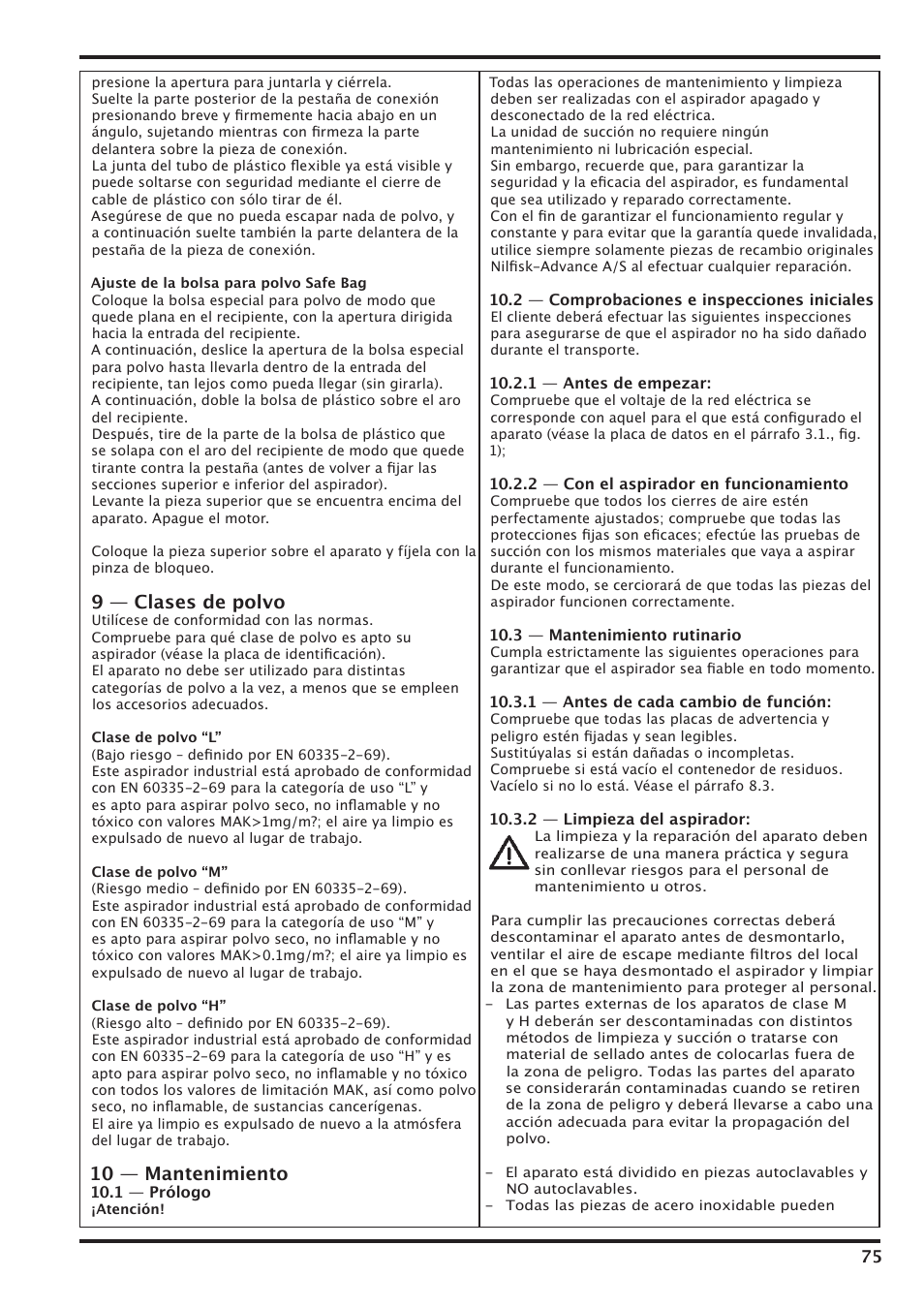 9 — clases de polvo, 10 — mantenimiento | Nilfisk-Advance America IVT-1000CR User Manual | Page 75 / 172