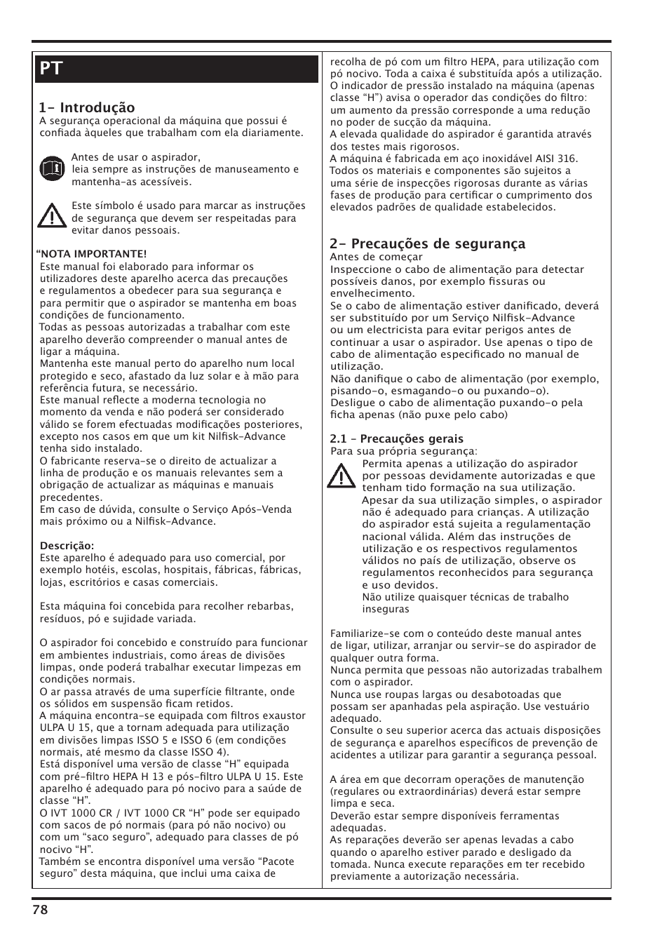 Introdução, Precauções de segurança | Nilfisk-Advance America IVT-1000CR User Manual | Page 78 / 172