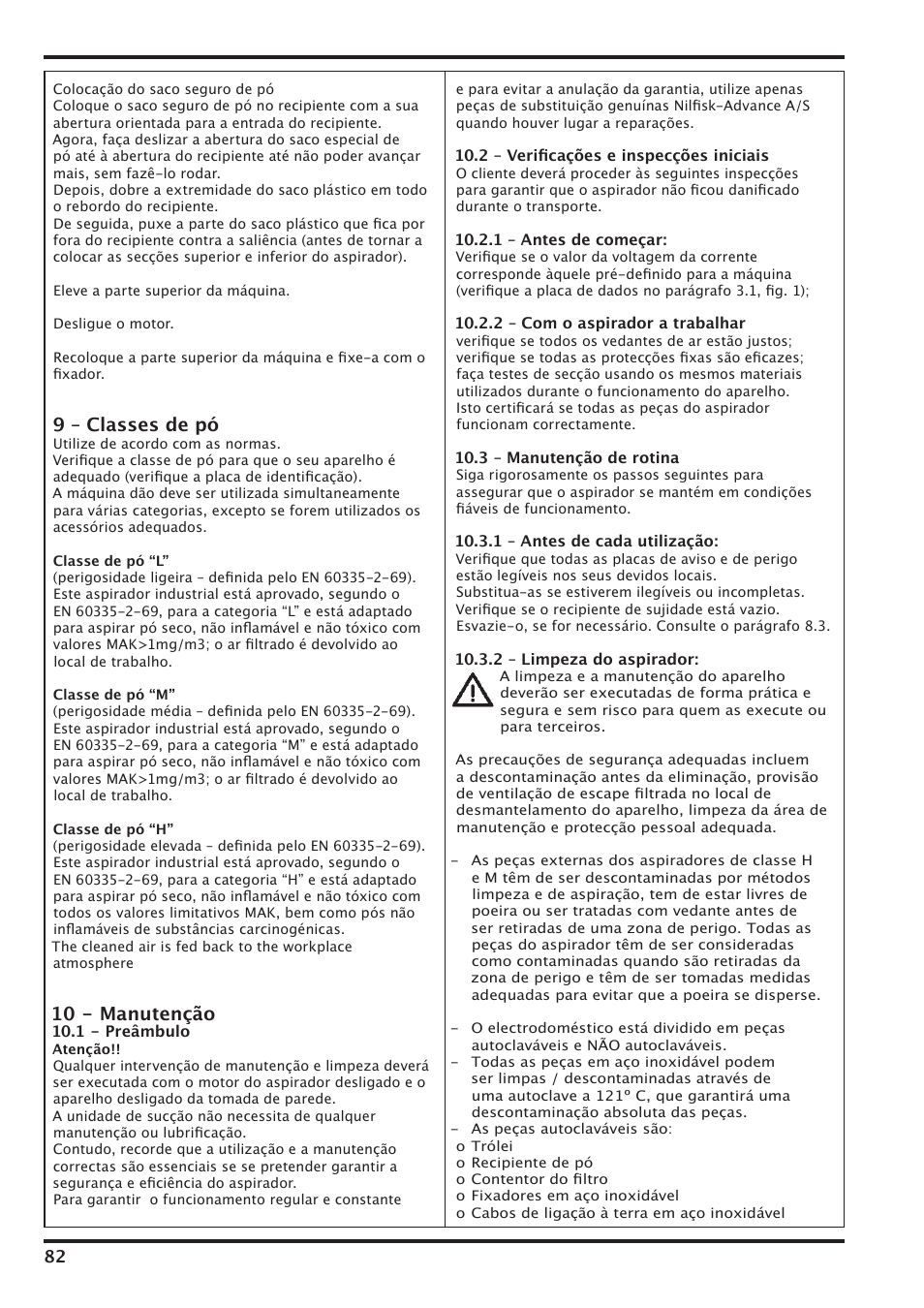 9 – classes de pó, 10 - manutenção | Nilfisk-Advance America IVT-1000CR User Manual | Page 82 / 172