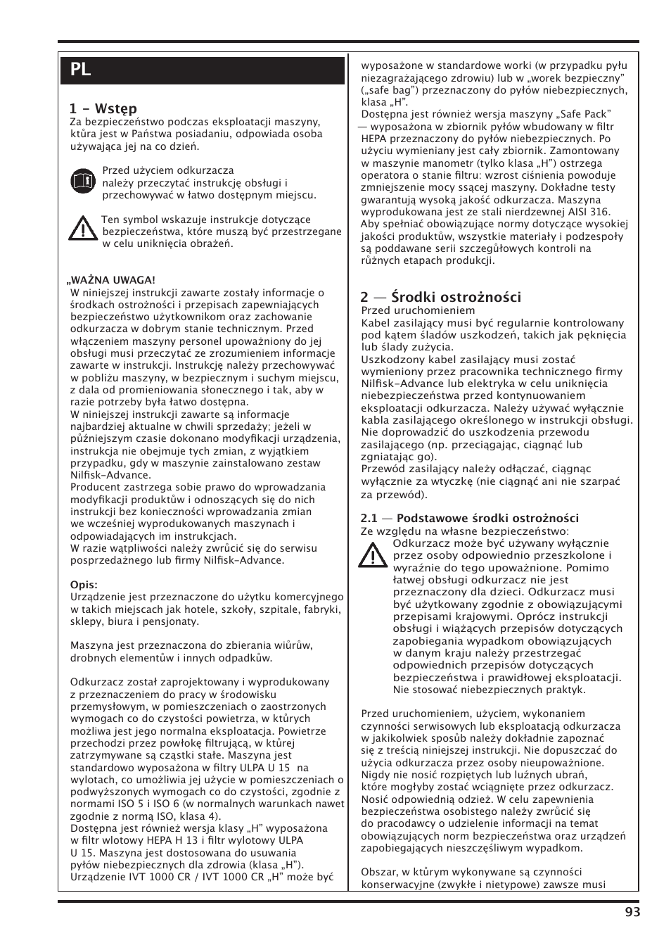 1 - wstęp, 2 — środki ostrożności | Nilfisk-Advance America IVT-1000CR User Manual | Page 93 / 172