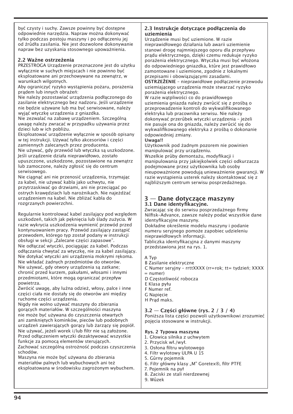 3 — dane dotyczące maszyny | Nilfisk-Advance America IVT-1000CR User Manual | Page 94 / 172