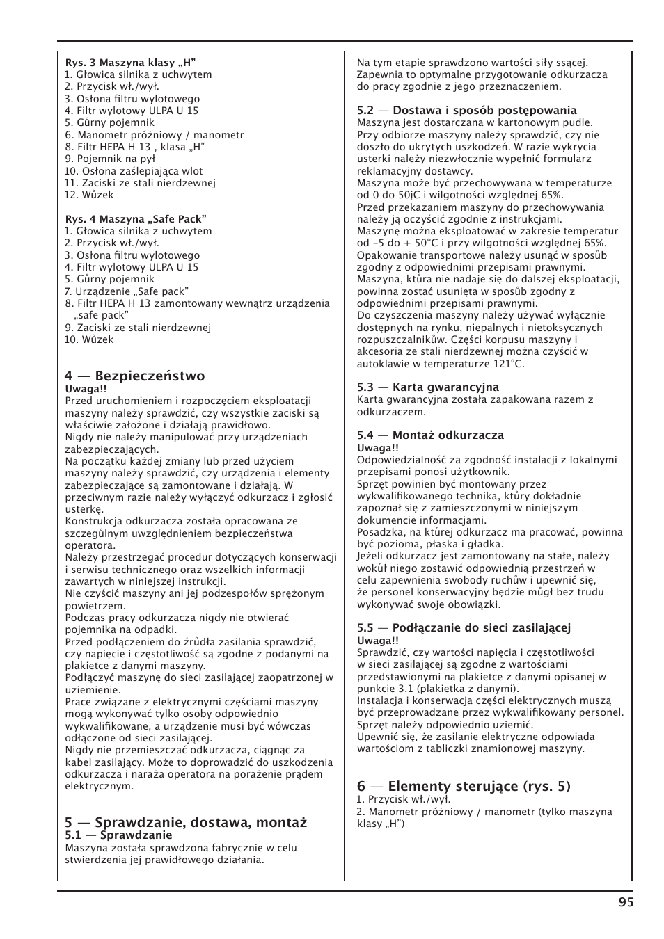 4 — bezpieczeństwo, 5 — sprawdzanie, dostawa, montaż, 6 — elementy sterujące (rys. 5) | Nilfisk-Advance America IVT-1000CR User Manual | Page 95 / 172