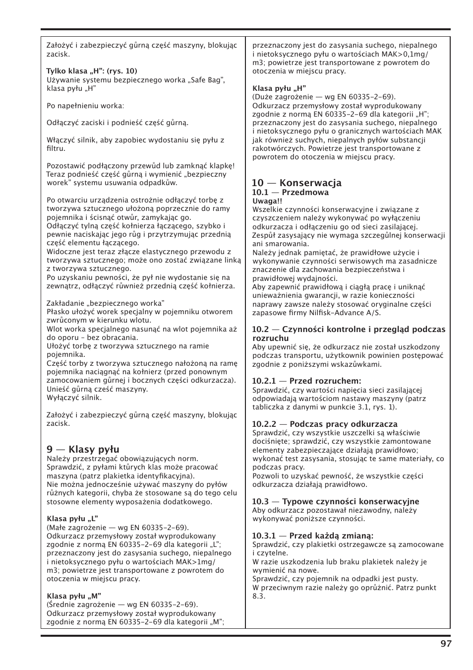 9 — klasy pyłu, 10 — konserwacja | Nilfisk-Advance America IVT-1000CR User Manual | Page 97 / 172