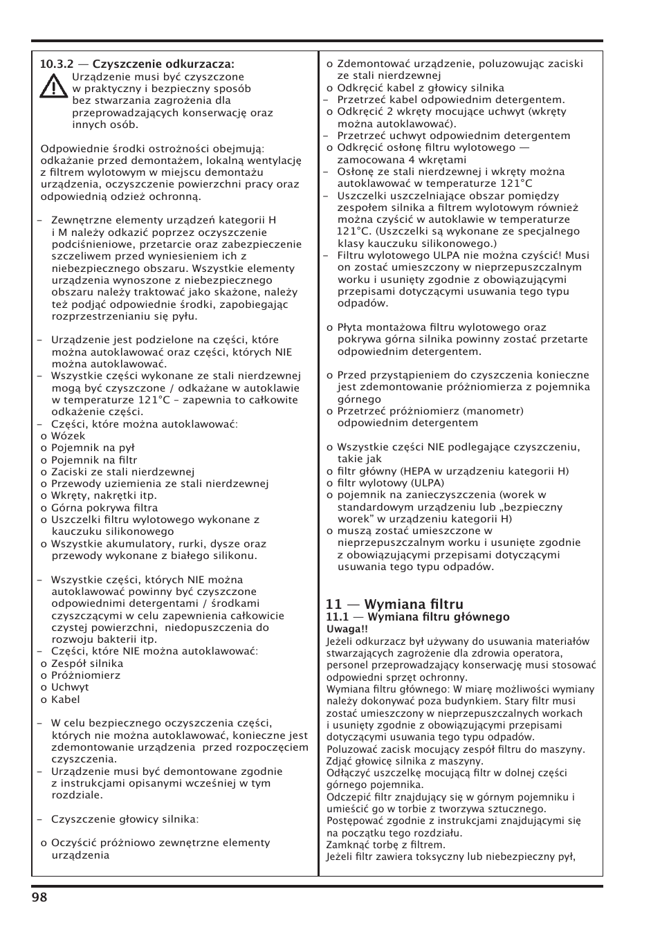 11 — wymiana ﬁltru | Nilfisk-Advance America IVT-1000CR User Manual | Page 98 / 172