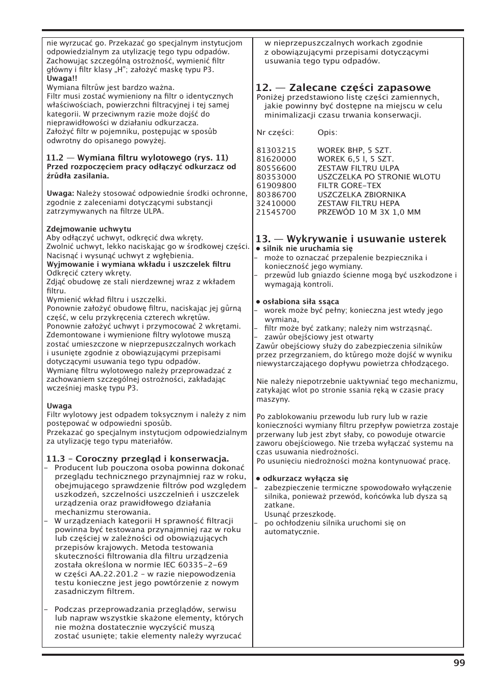 — zalecane części zapasowe, — wykrywanie i usuwanie usterek | Nilfisk-Advance America IVT-1000CR User Manual | Page 99 / 172