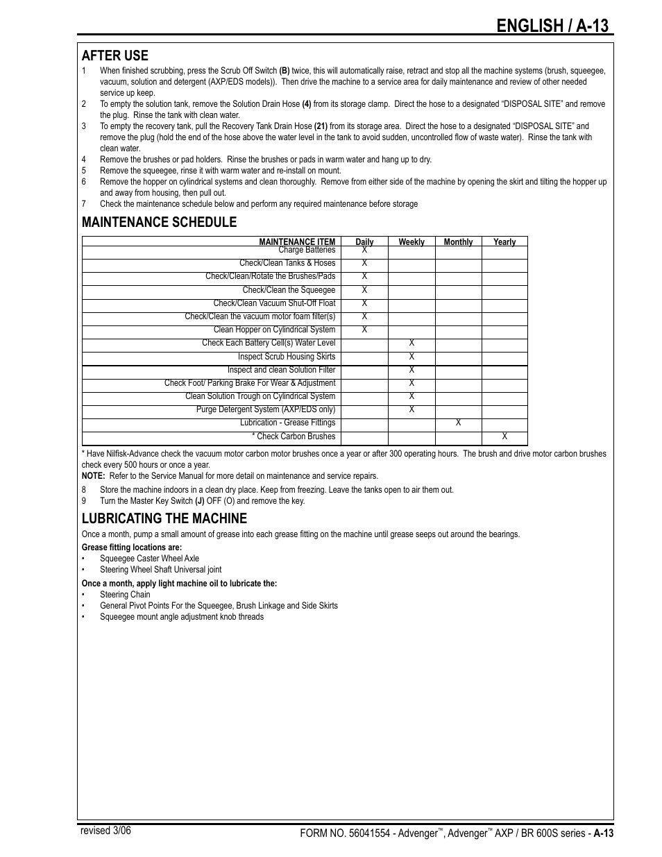 English / a-13, After use, Maintenance schedule | Lubricating the machine | Nilfisk-Advance America Advenger BR 600S Series User Manual | Page 13 / 40