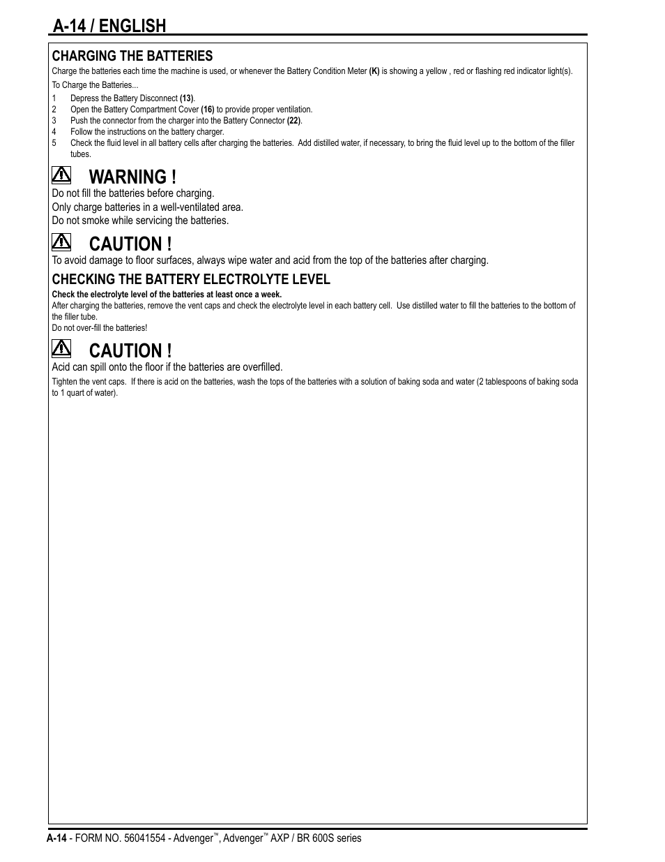 Warning, Caution, A-14 / english | Nilfisk-Advance America Advenger BR 600S Series User Manual | Page 14 / 40