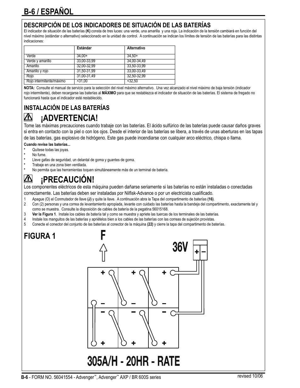 Advertencia, Precaución, B-6 / español | Figura 1, Instalación de las baterías | Nilfisk-Advance America Advenger BR 600S Series User Manual | Page 24 / 40