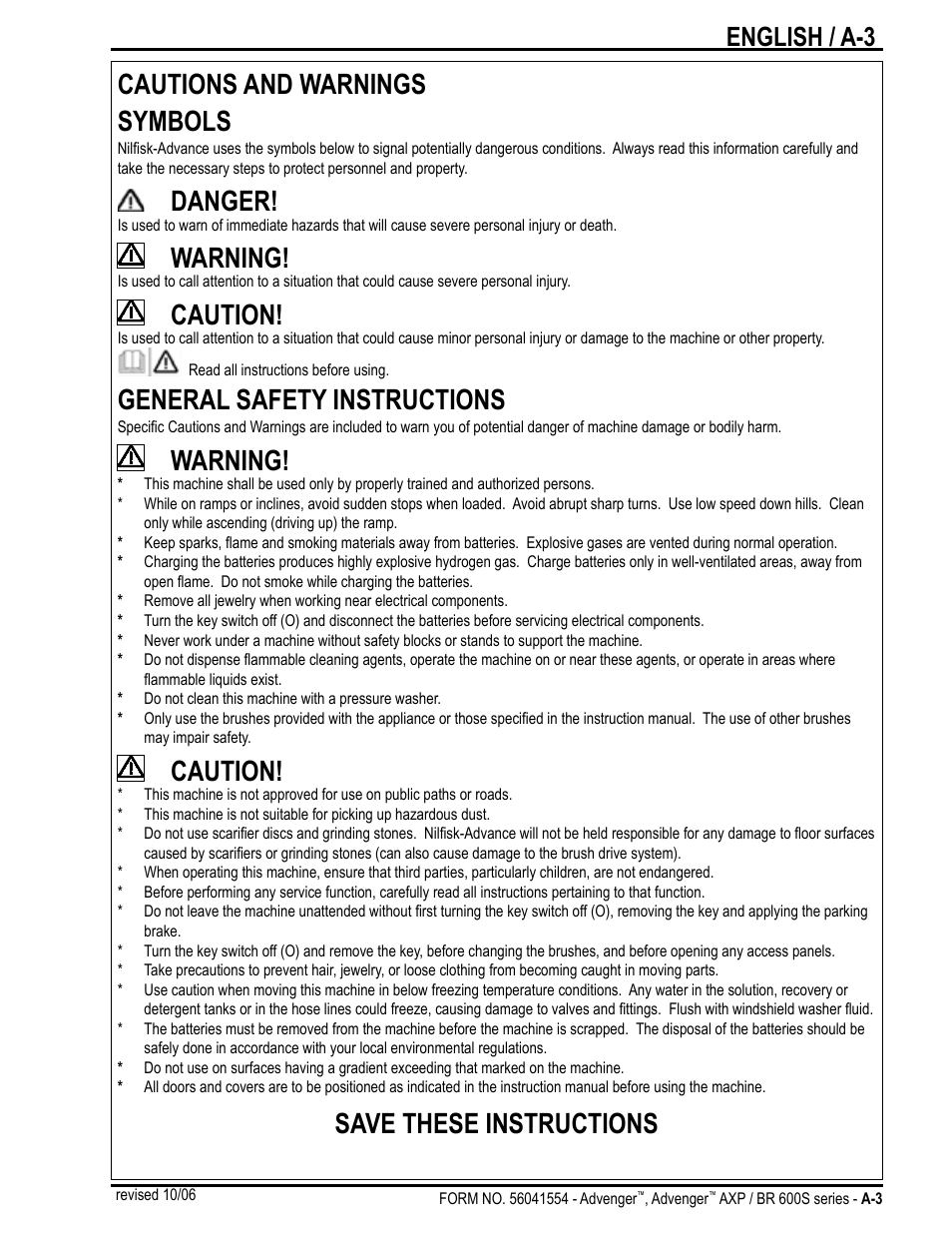 Cautions and warnings symbols, Danger, Warning | Caution, General safety instructions, Save these instructions, English / a-3 | Nilfisk-Advance America Advenger BR 600S Series User Manual | Page 3 / 40