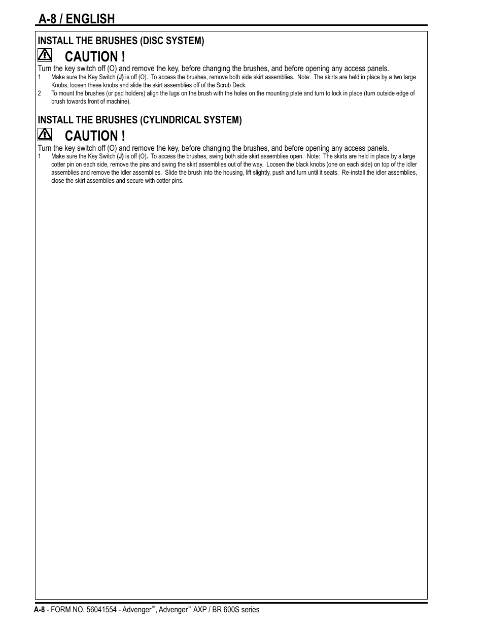 Caution, A-8 / english | Nilfisk-Advance America Advenger BR 600S Series User Manual | Page 8 / 40