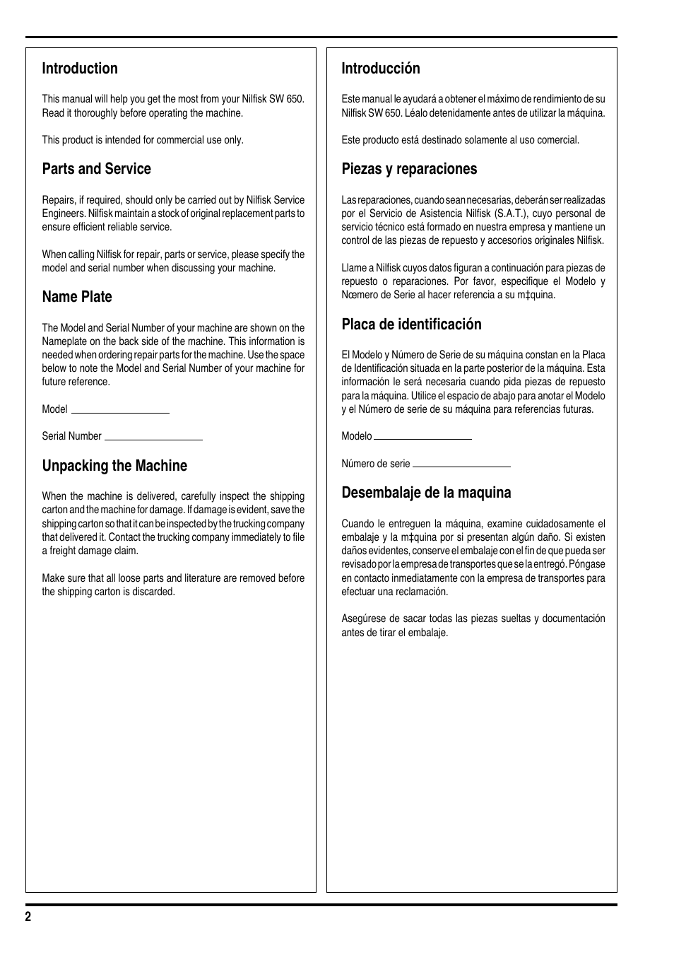 Introduction, Parts and service, Name plate | Unpacking the machine, Introducción, Piezas y reparaciones, Placa de identificación, Desembalaje de la maquina | Nilfisk-Advance America SW 650 User Manual | Page 3 / 12